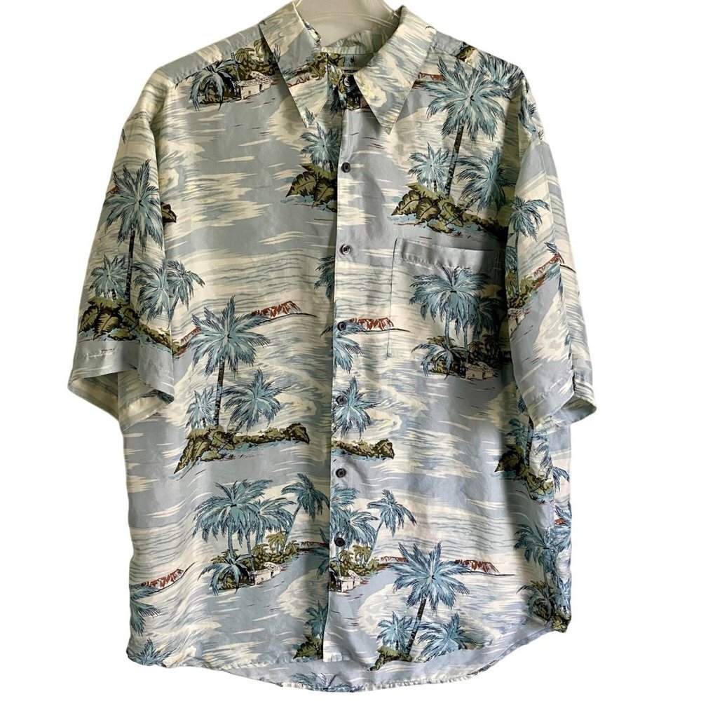 Roundtree & Yorke Short Sleeve Tropical Beach Button Down Silk Shirt Men's Large